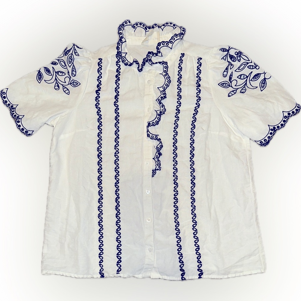 Sézane White + Navy Eyelet Ruffle Blouse